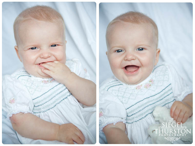 6 month baby photos in a hand made white dress