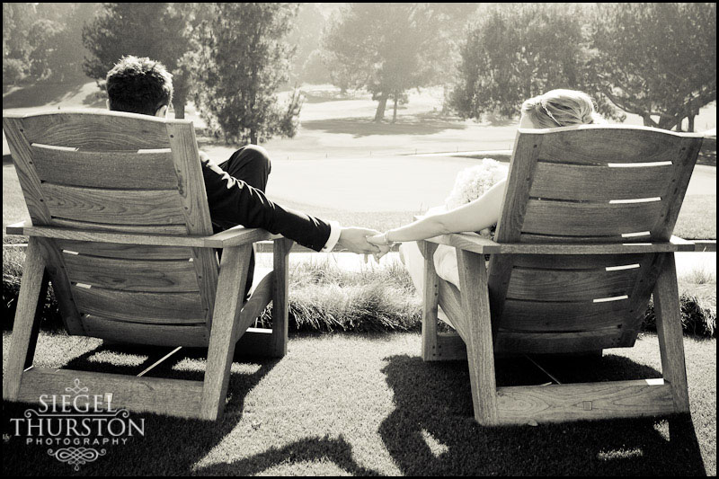 bride and groom relaxing on the golf course by Pasadena professional photographers