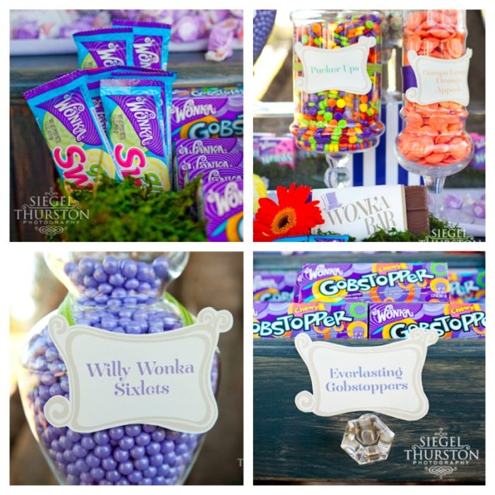 old glass jars for candy buffet table filled with willy wonka candy