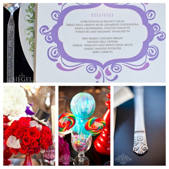 fun purple and gold wedding menu cards